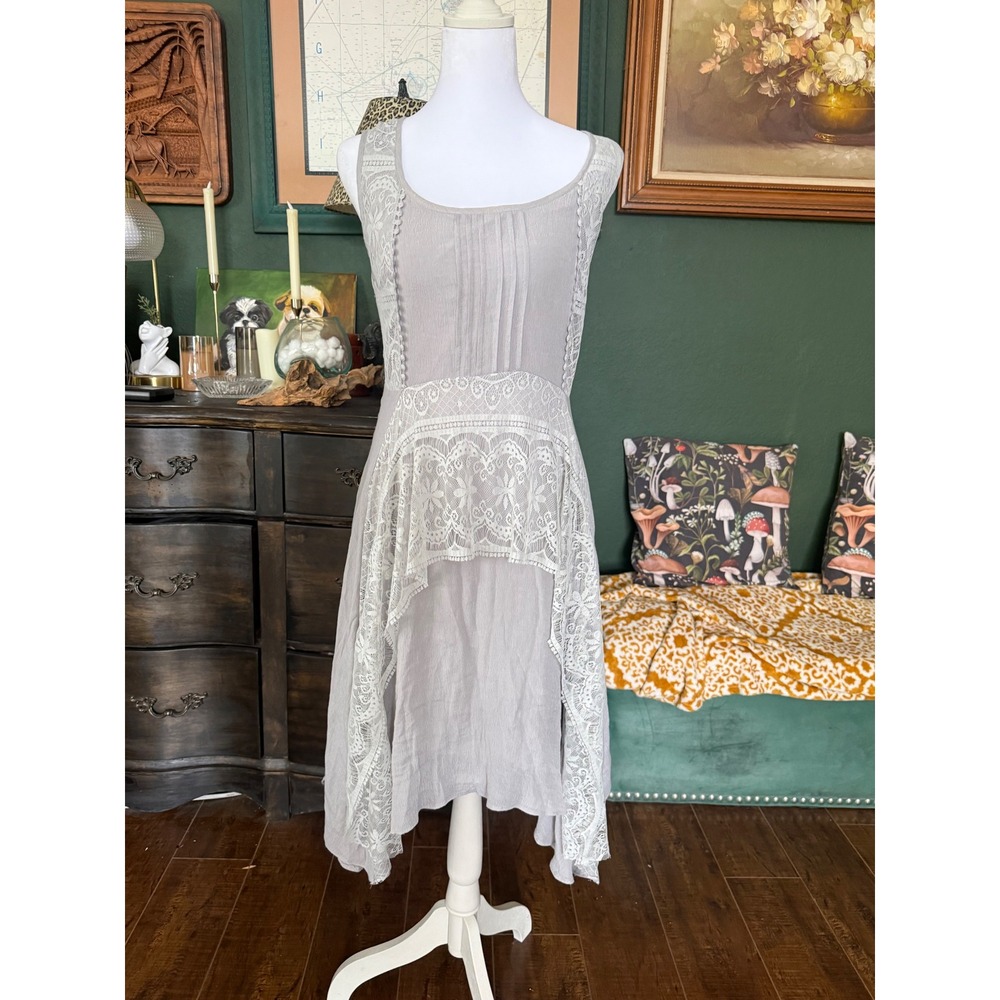 Ryu Grey Lace Handkerchief Hem Sleeveless Midi Dress Womens Large Boho Romantic